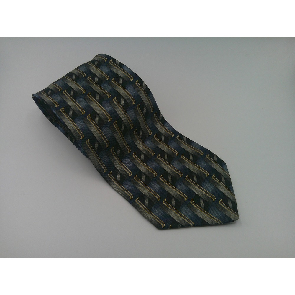 Louis Roth Men's Silk Necktie Navy Blue Grey Gold Geometric Abstract Made in USA